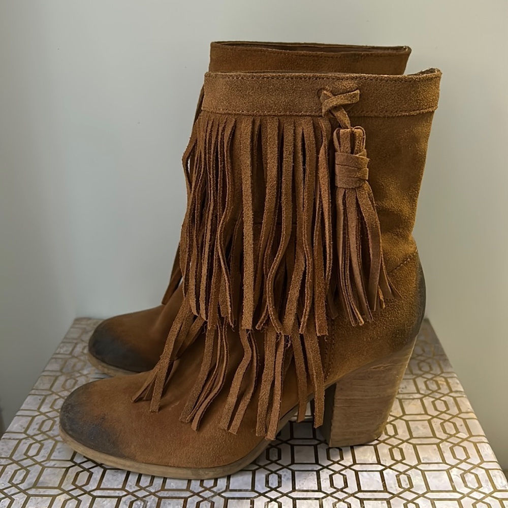 Ralph Lauren Denim & Supply Mina Burnished Suede Fringe Booties Women's size 7.5